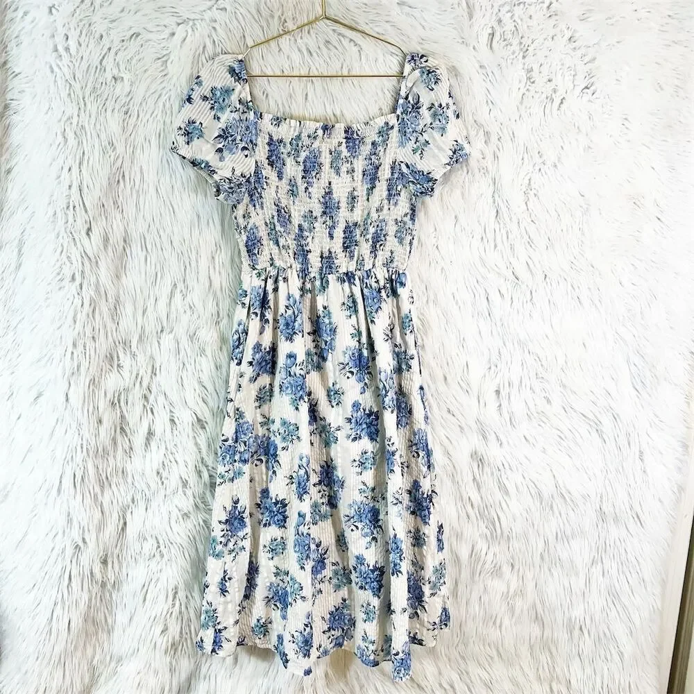 LOFT Women's Floral Puff Sleeve Midi Dress Blue Size small Casual Spring